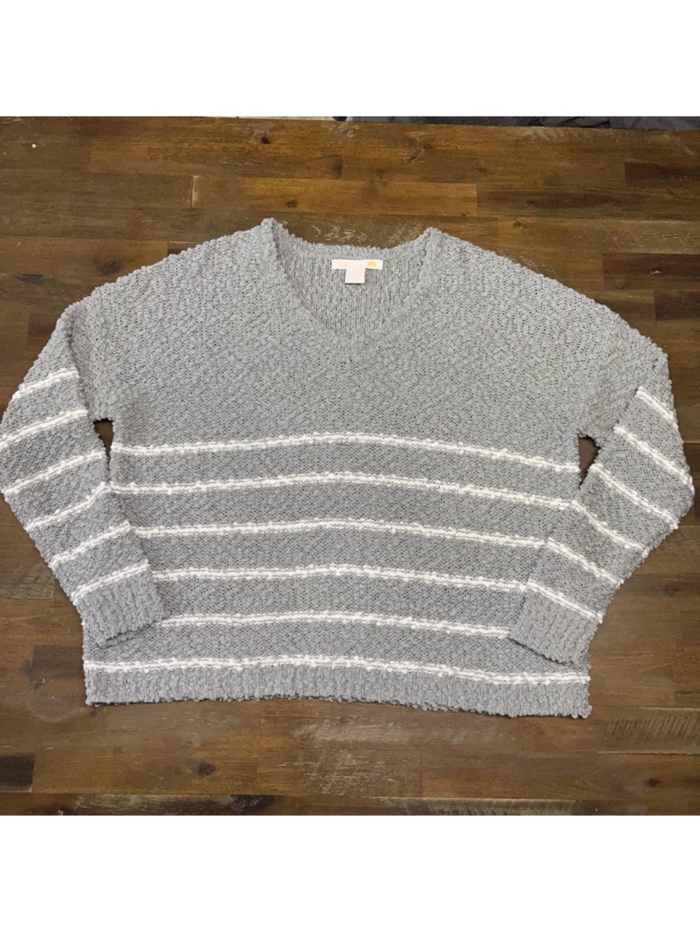 C&C California womens gray and white striped super soft v neck thick sweater